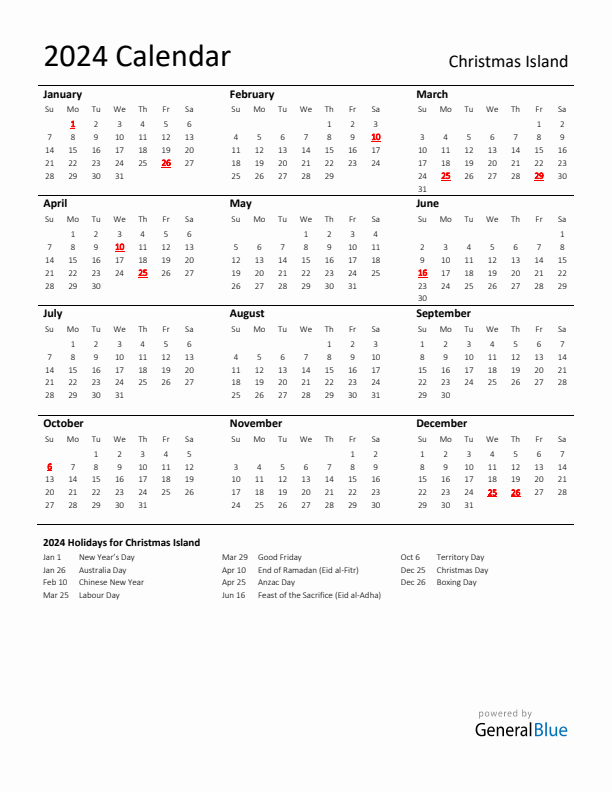 Standard Holiday Calendar for 2024 with Christmas Island Holidays 