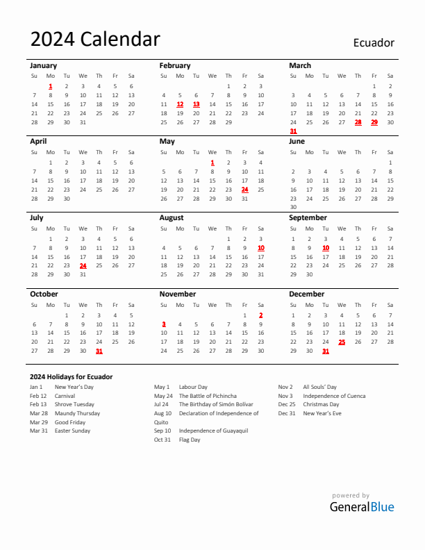 Standard Holiday Calendar for 2024 with Ecuador Holidays 