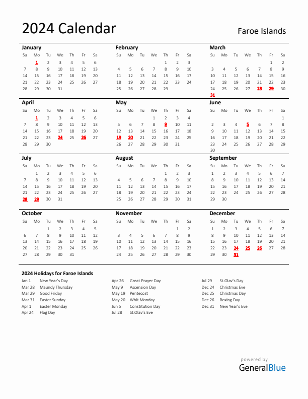 Standard Holiday Calendar for 2024 with Faroe Islands Holidays 