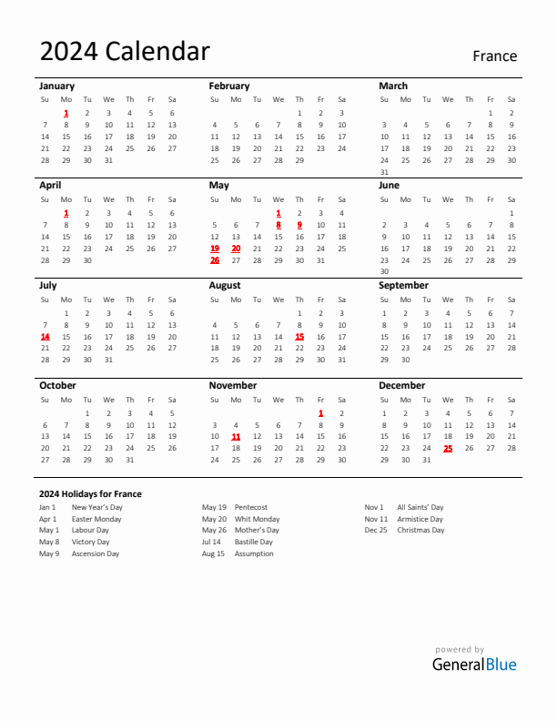 Standard Holiday Calendar for 2024 with France Holidays 