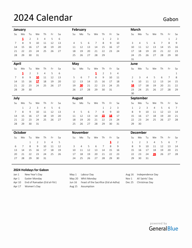 Standard Holiday Calendar for 2024 with Gabon Holidays 