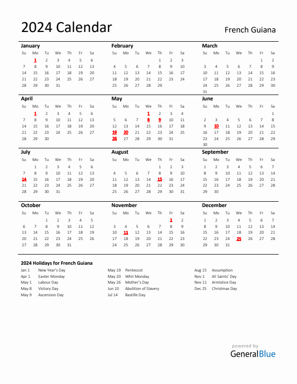 Standard Holiday Calendar for 2024 with French Guiana Holidays 