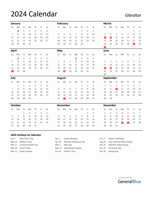 Standard Holiday Calendar for 2024 with Gibraltar Holidays 