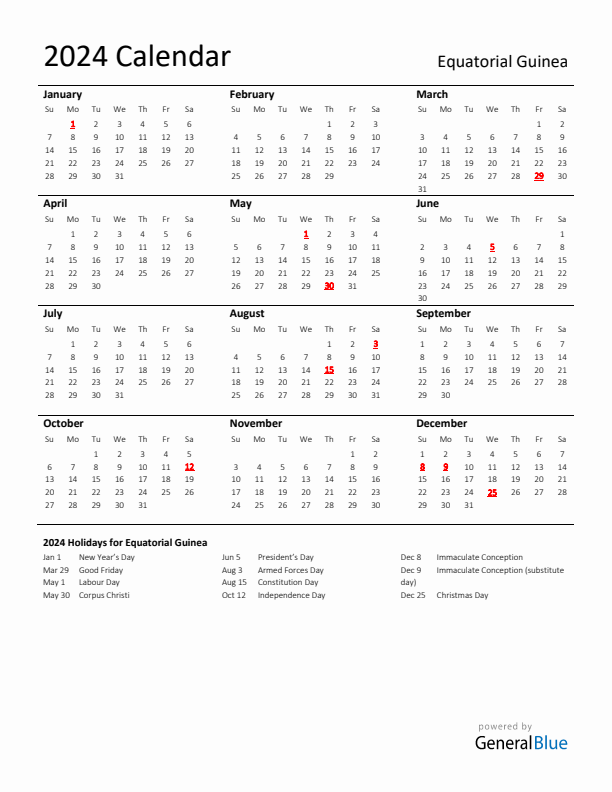 Standard Holiday Calendar for 2024 with Equatorial Guinea Holidays 