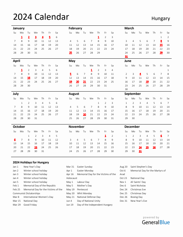 Standard Holiday Calendar for 2024 with Hungary Holidays 