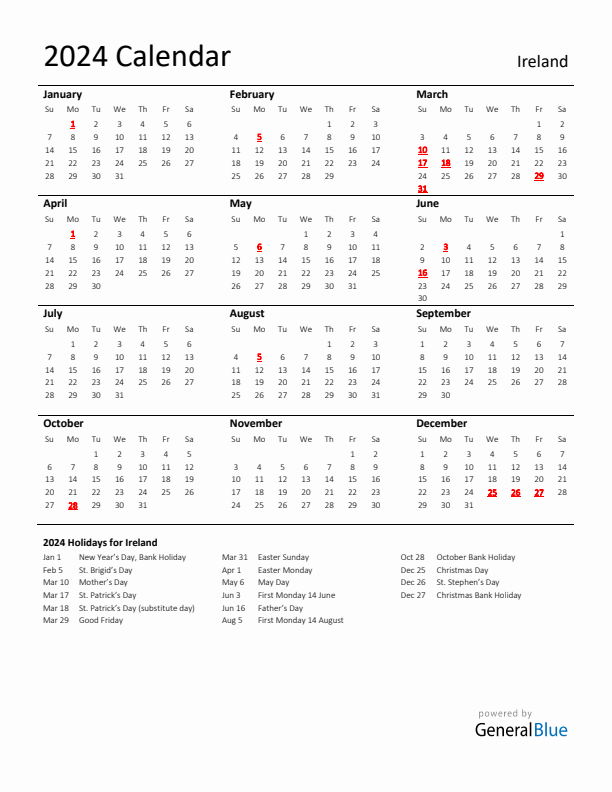 Standard Holiday Calendar for 2024 with Ireland Holidays 