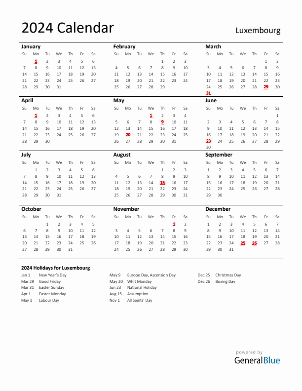 Standard Holiday Calendar for 2024 with Luxembourg Holidays 