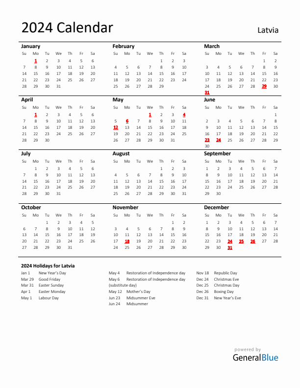 Standard Holiday Calendar for 2024 with Latvia Holidays 