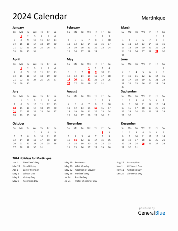 Standard Holiday Calendar for 2024 with Martinique Holidays 