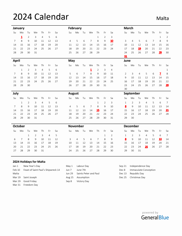 Standard Holiday Calendar for 2024 with Malta Holidays 