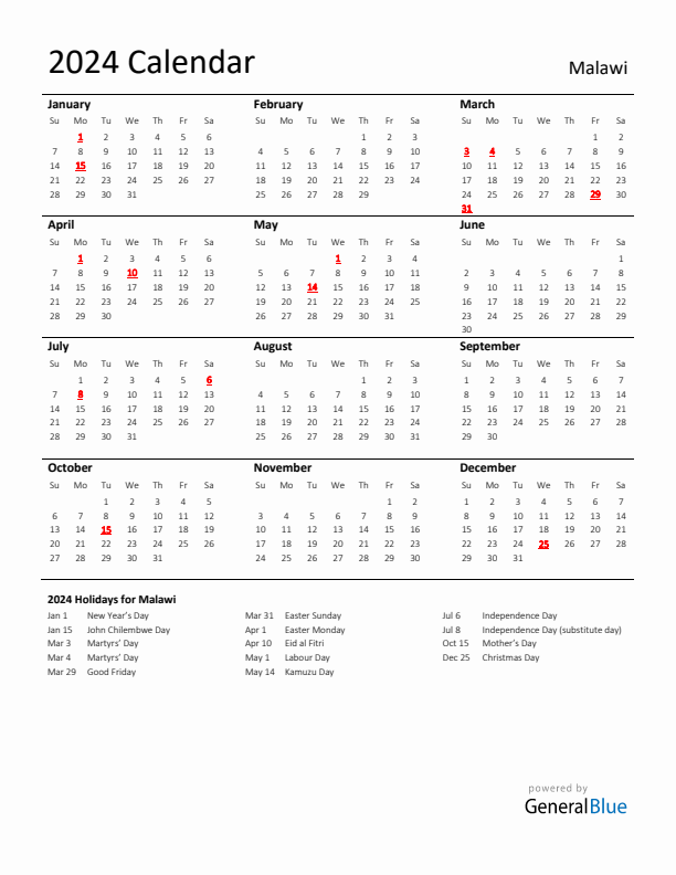 Standard Holiday Calendar for 2024 with Malawi Holidays 