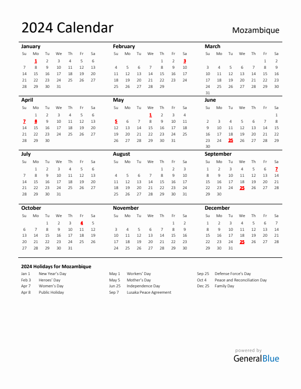 Standard Holiday Calendar for 2024 with Mozambique Holidays 