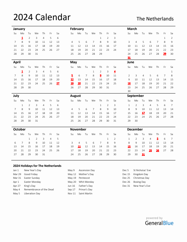 Standard Holiday Calendar for 2024 with The Netherlands Holidays 