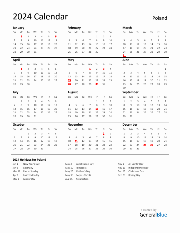 Standard Holiday Calendar for 2024 with Poland Holidays 