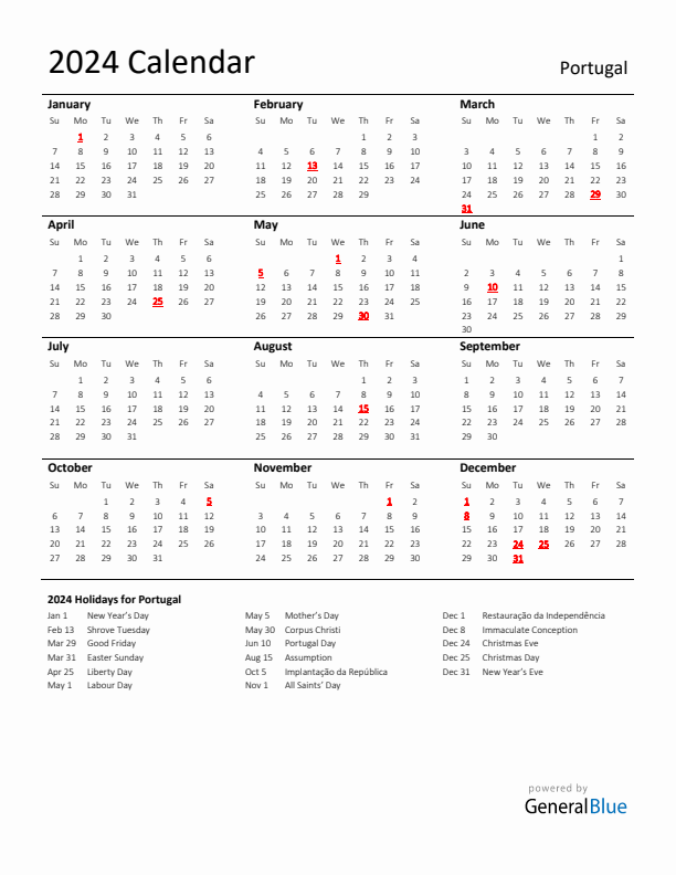 Standard Holiday Calendar for 2024 with Portugal Holidays 