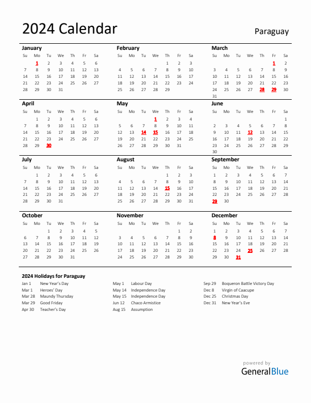 Standard Holiday Calendar for 2024 with Paraguay Holidays 