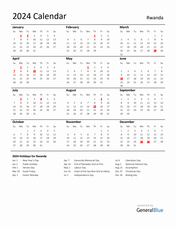 Standard Holiday Calendar for 2024 with Rwanda Holidays 