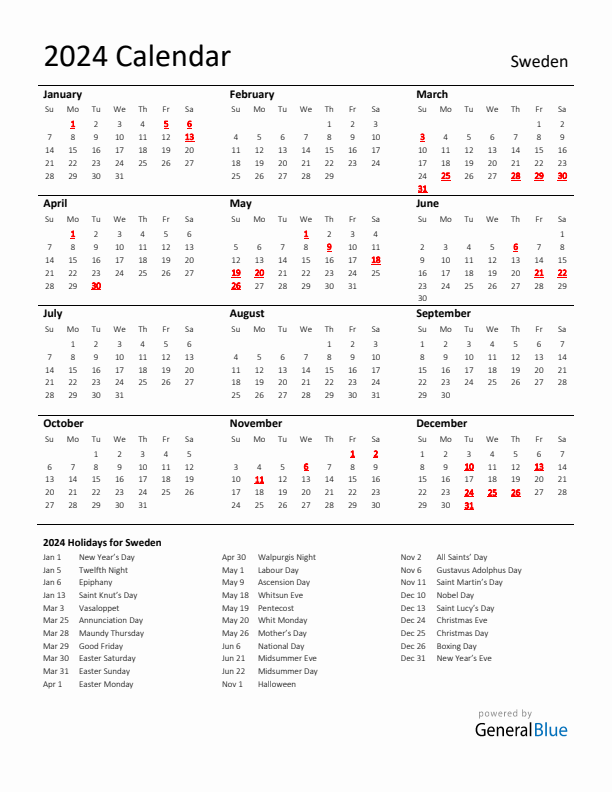 Standard Holiday Calendar for 2024 with Sweden Holidays 