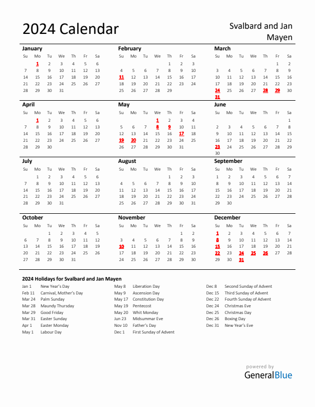 Standard Holiday Calendar for 2024 with Svalbard and Jan Mayen Holidays 