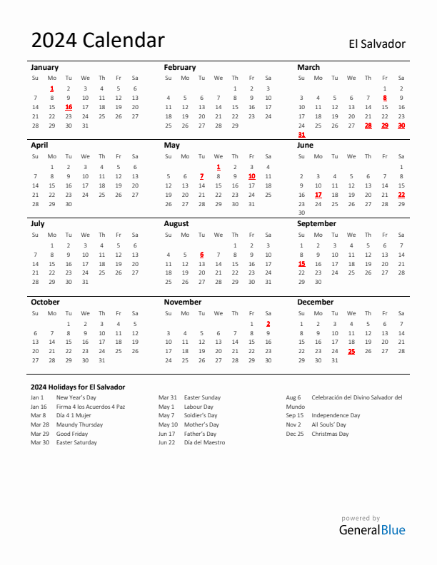 Standard Holiday Calendar for 2024 with El Salvador Holidays 