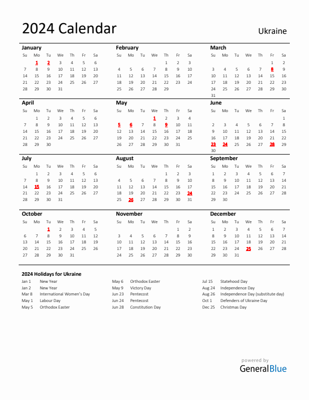 Standard Holiday Calendar for 2024 with Ukraine Holidays 