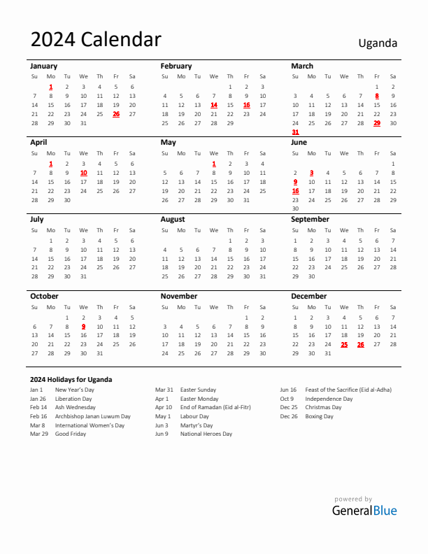 Standard Holiday Calendar for 2024 with Uganda Holidays 