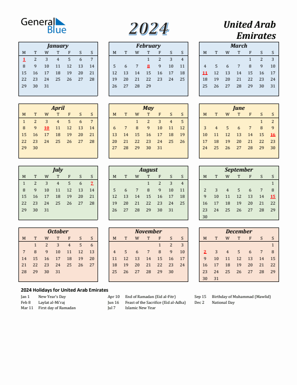 United Arab Emirates Calendar 2024 with Monday Start