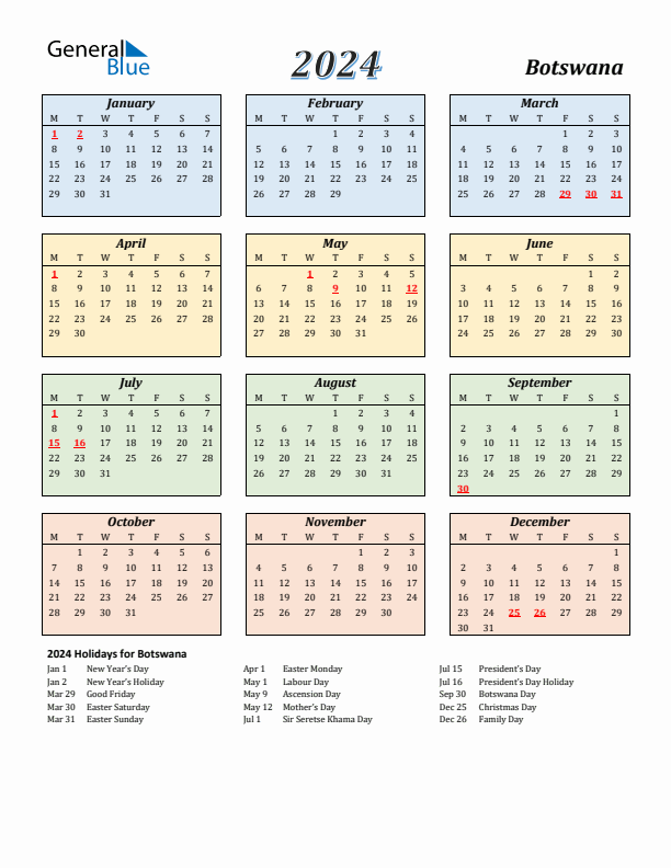 Botswana Calendar 2024 with Monday Start