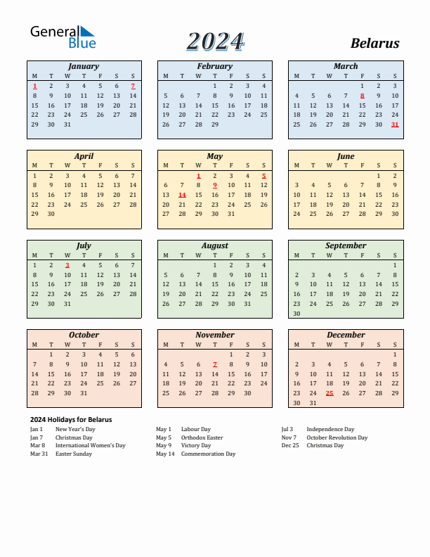 Belarus Calendar 2024 with Monday Start