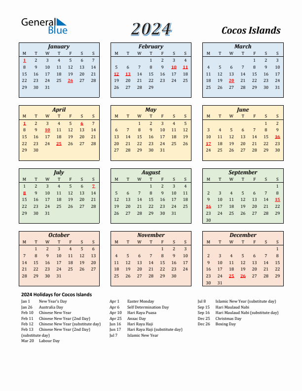 Cocos Islands Calendar 2024 with Monday Start