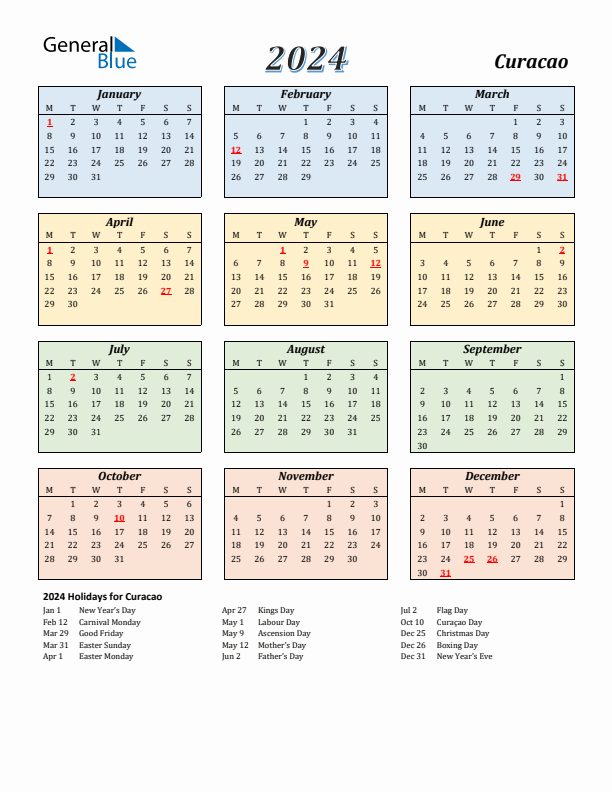 Curacao Calendar 2024 with Monday Start