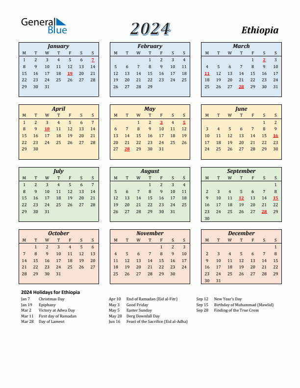 Ethiopia Calendar 2024 with Monday Start