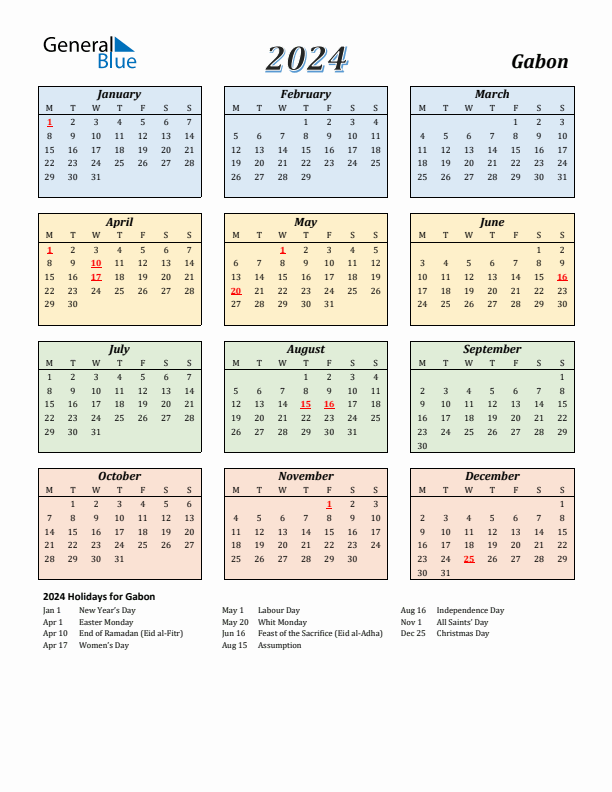 Gabon Calendar 2024 with Monday Start