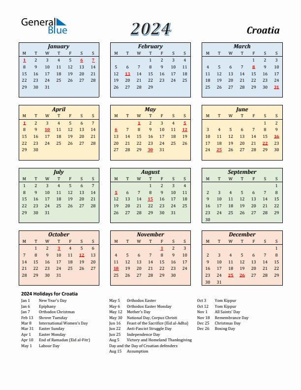 Croatia Calendar 2024 with Monday Start