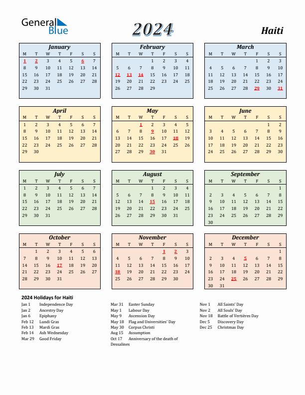 Haiti Calendar 2024 with Monday Start