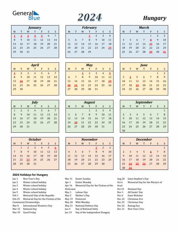 Hungary Calendar 2024 with Monday Start