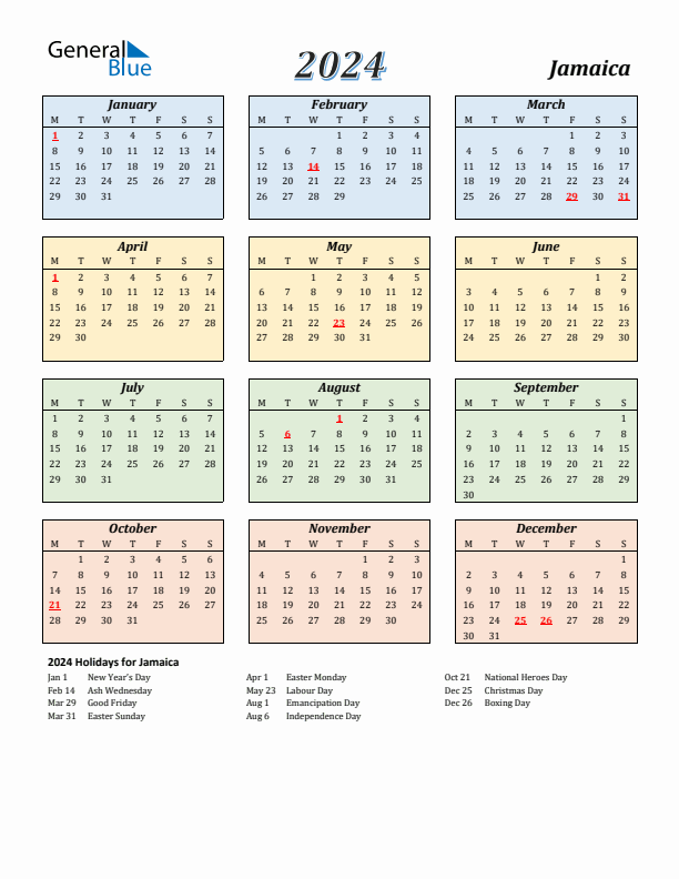 Jamaica Calendar 2024 with Monday Start