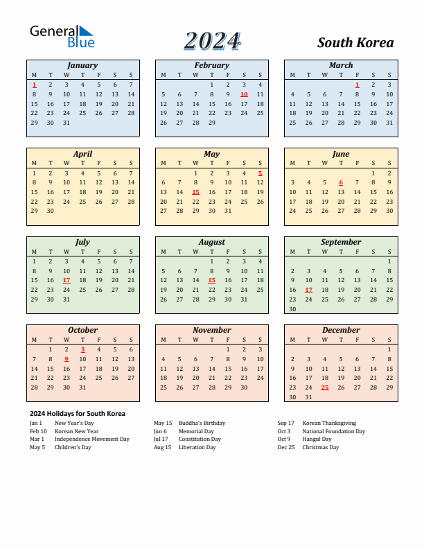 South Korea Calendar 2024 with Monday Start