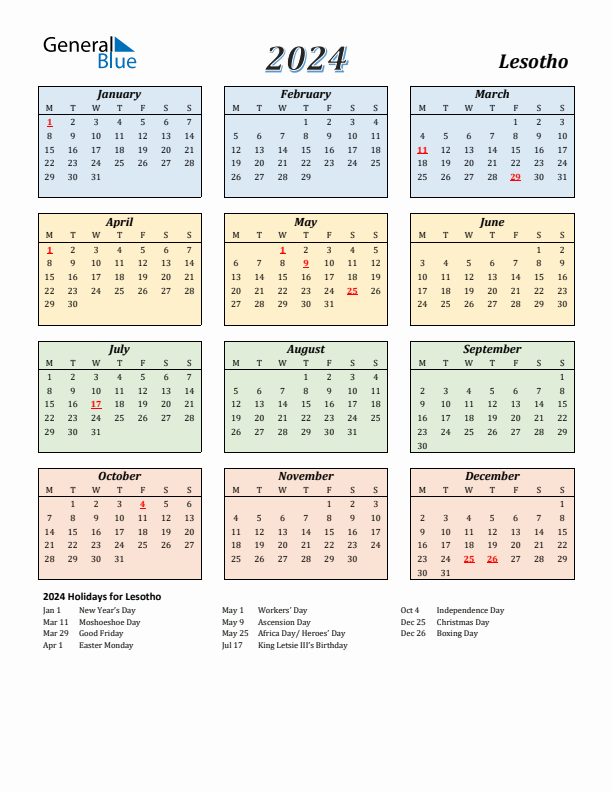 Lesotho Calendar 2024 with Monday Start