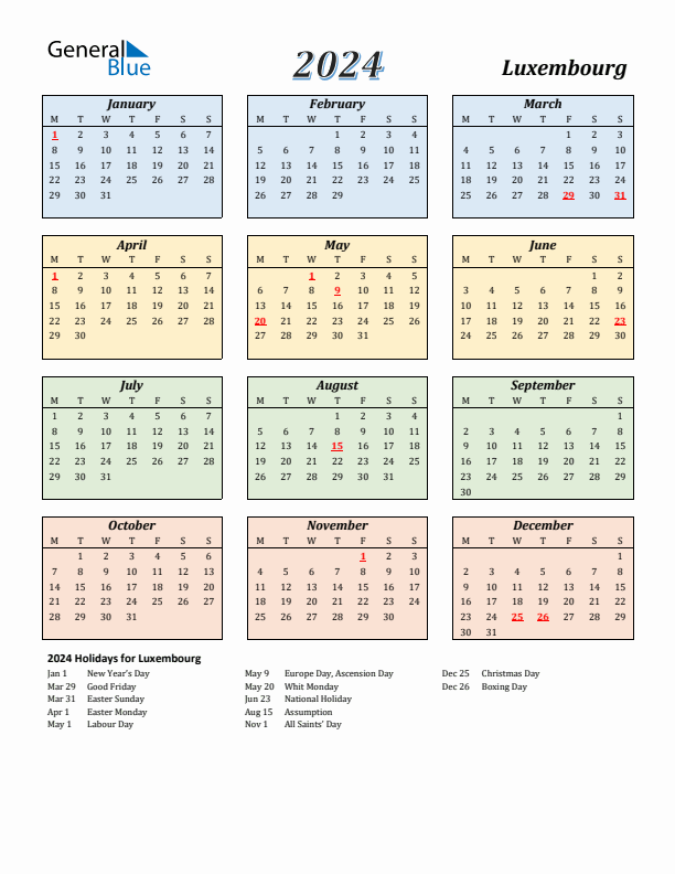 Luxembourg Calendar 2024 with Monday Start