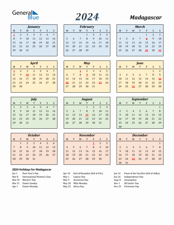 Madagascar Calendar 2024 with Monday Start