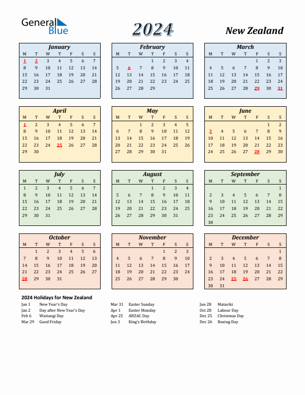 New Zealand Calendar 2024 with Monday Start