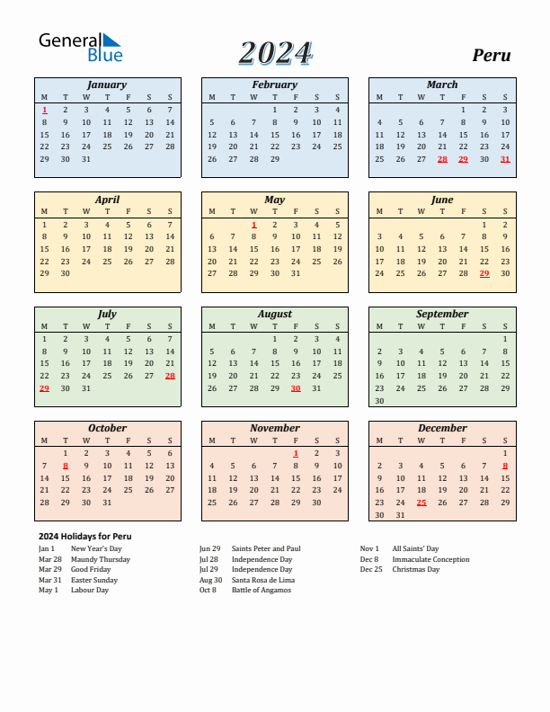 Peru Calendar 2024 with Monday Start