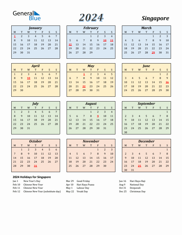 Singapore Calendar 2024 with Monday Start