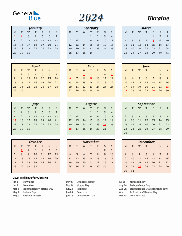 Ukraine Calendar 2024 with Monday Start