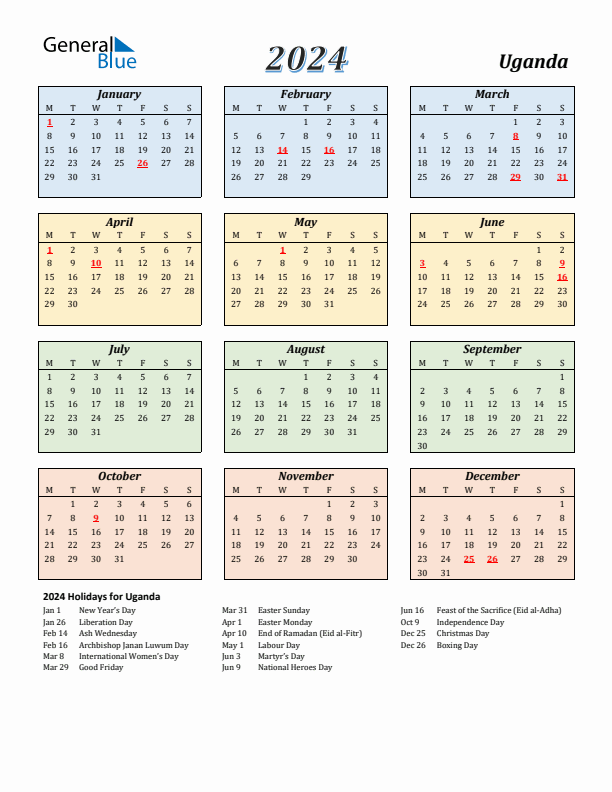 Uganda Calendar 2024 with Monday Start