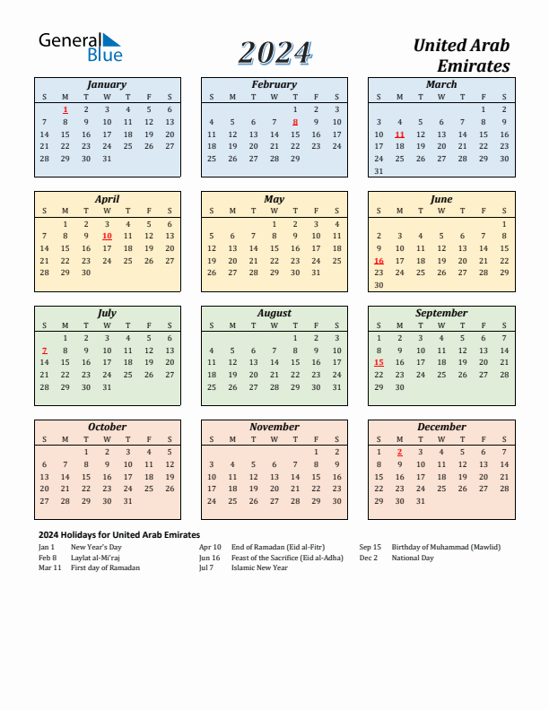 United Arab Emirates Calendar 2024 with Sunday Start