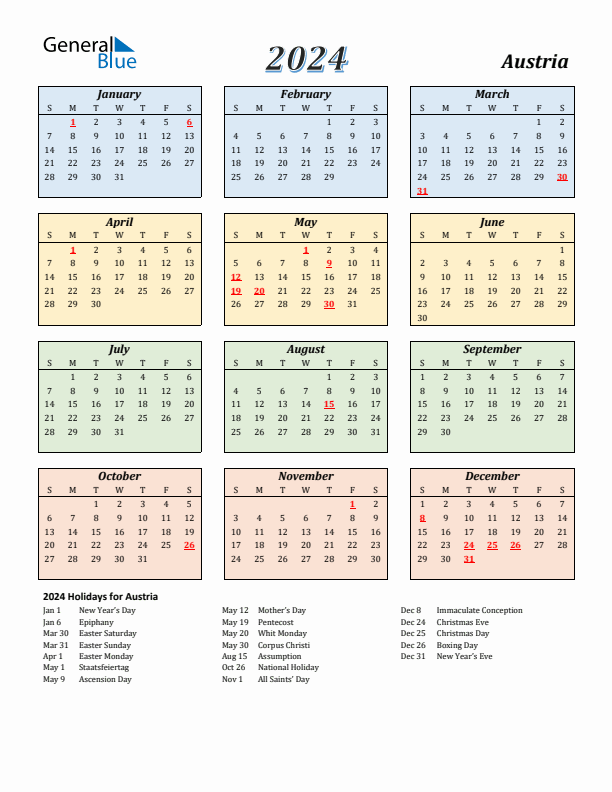 Austria Calendar 2024 with Sunday Start