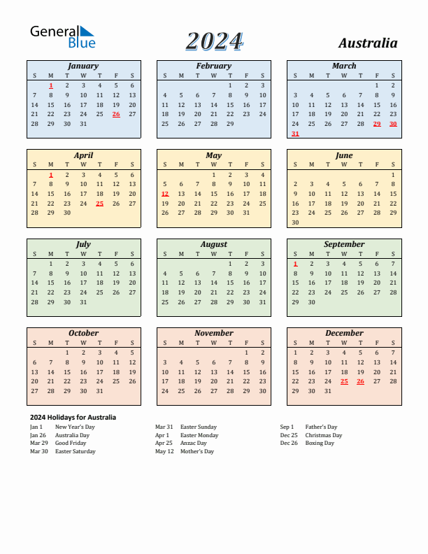 Australia Calendar 2024 with Sunday Start