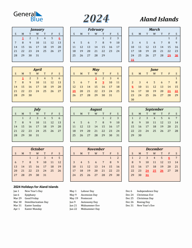 Aland Islands Calendar 2024 with Sunday Start